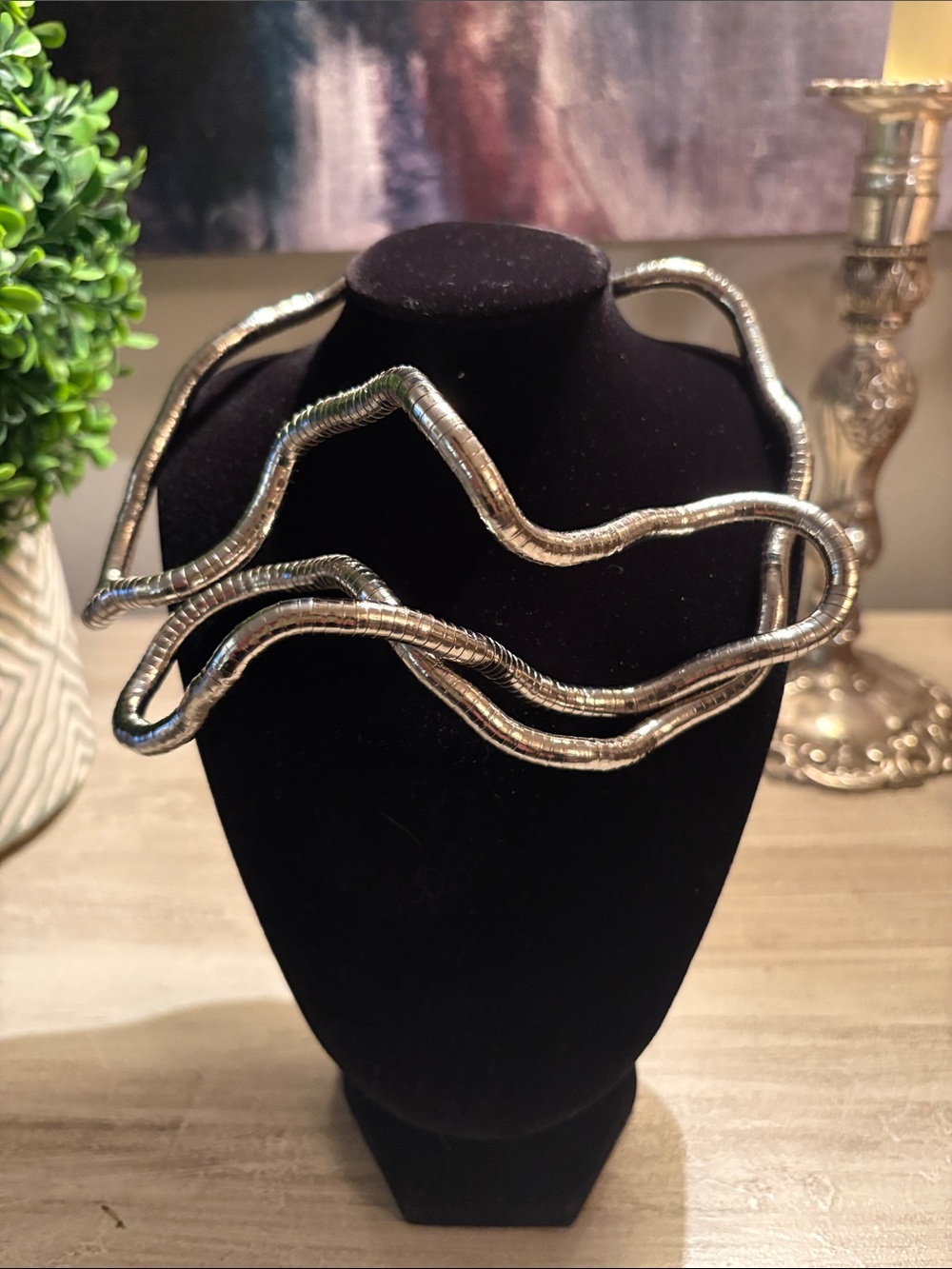 Multi-Strand Sculptural Silver Snake Chain Necklace. Art Deco